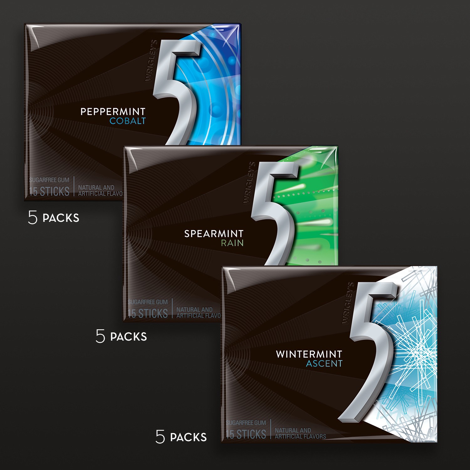 slide 2 of 5, 5 Gum Sugar Free Mint Chewing Gum Variety Pack, Peppermint, Spearmint, 15 pk, 15 ct