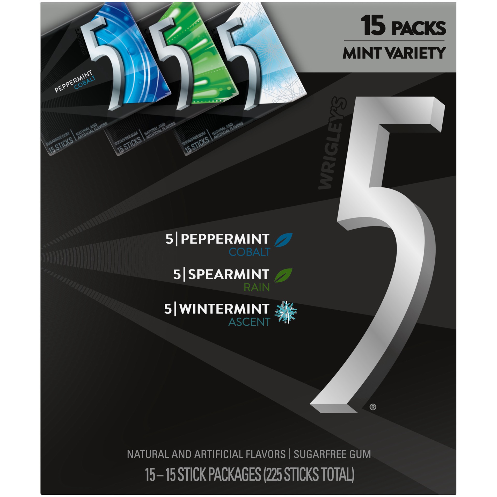 slide 1 of 5, 5 Gum Sugar Free Mint Chewing Gum Variety Pack, Peppermint, Spearmint, 15 pk, 15 ct