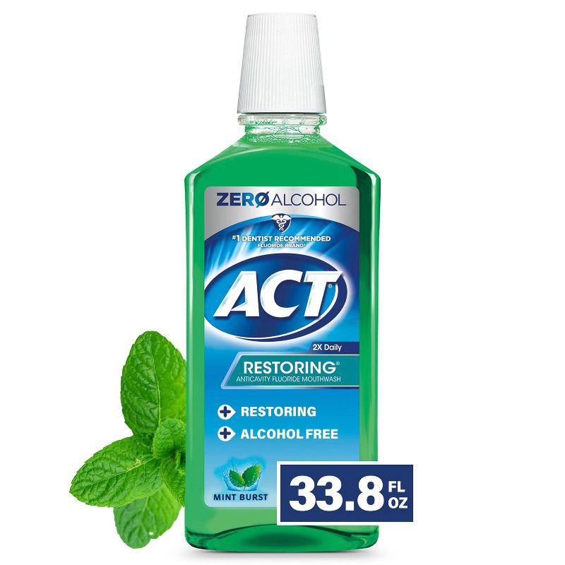slide 1 of 7, ACT Restoring Anticavity Fluoride Mint Burst Mouthwash 33.8 oz, 33.8 fl oz