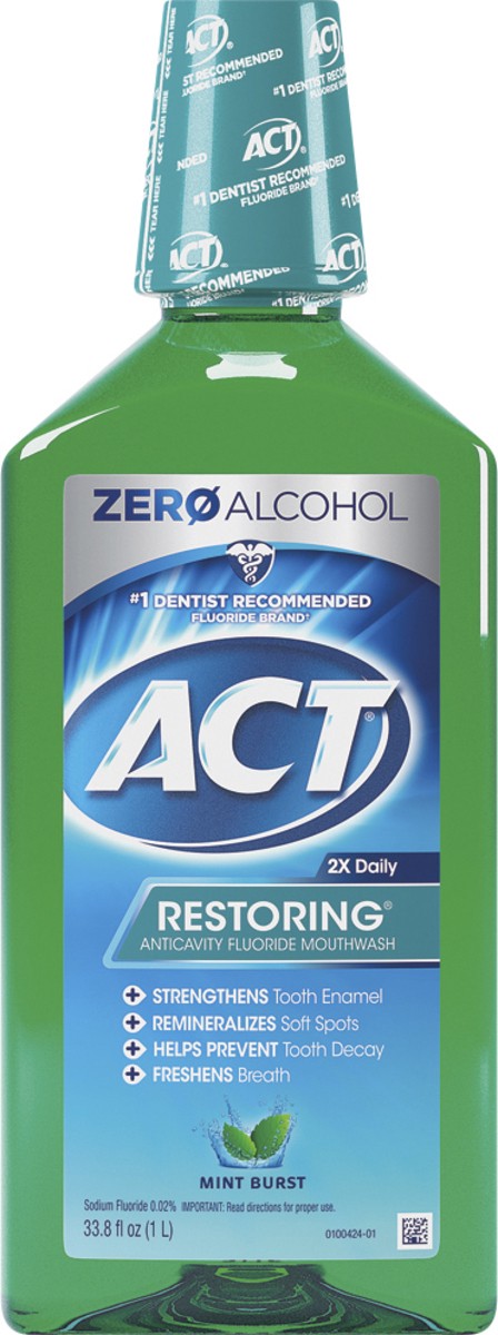 slide 5 of 7, ACT Restoring Anticavity Fluoride Mint Burst Mouthwash 33.8 oz, 33.8 fl oz