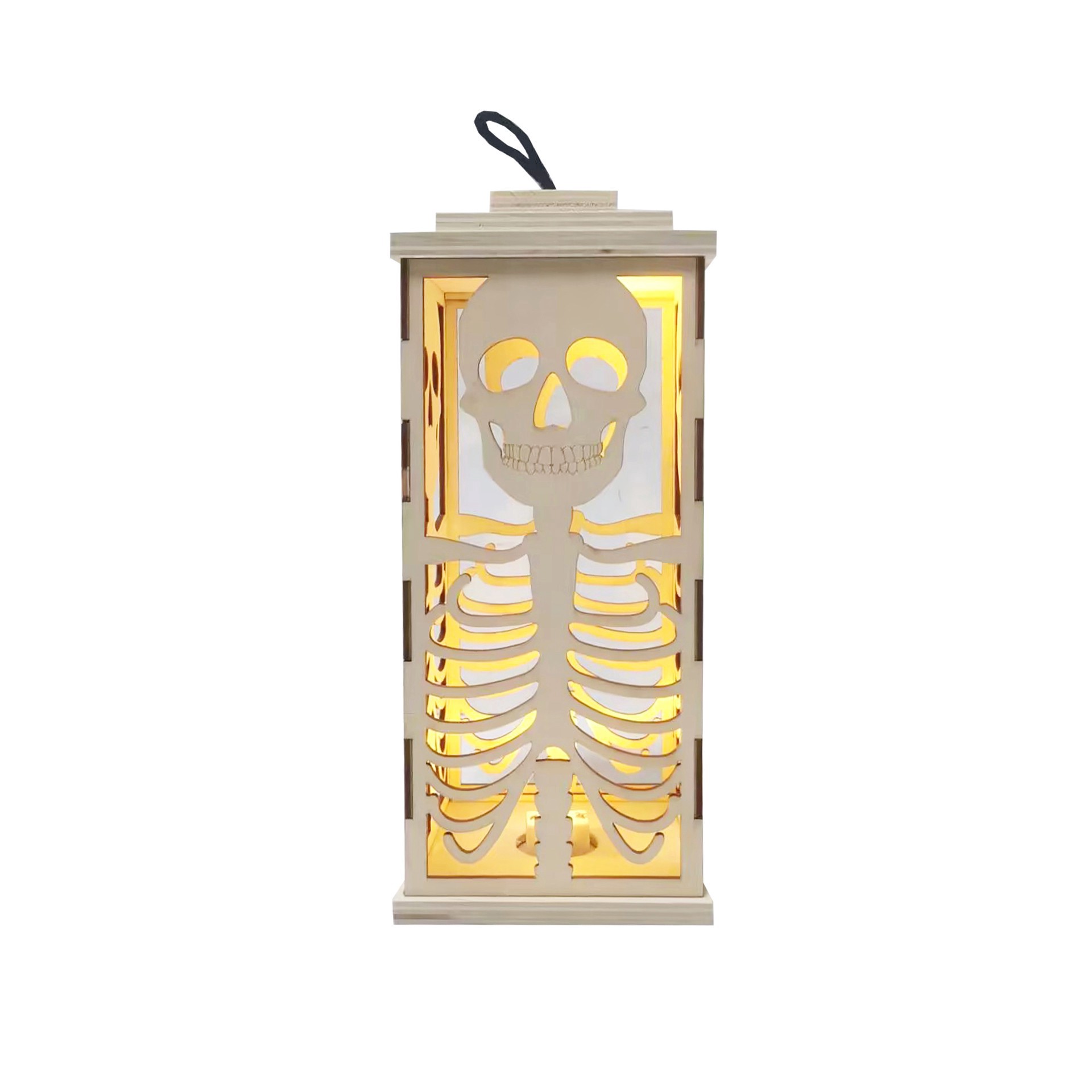 slide 2 of 4, 10" Diy Led Skull Wood Lantern Decor By Make Market, 4.25 in x 4.25 in x 10 in