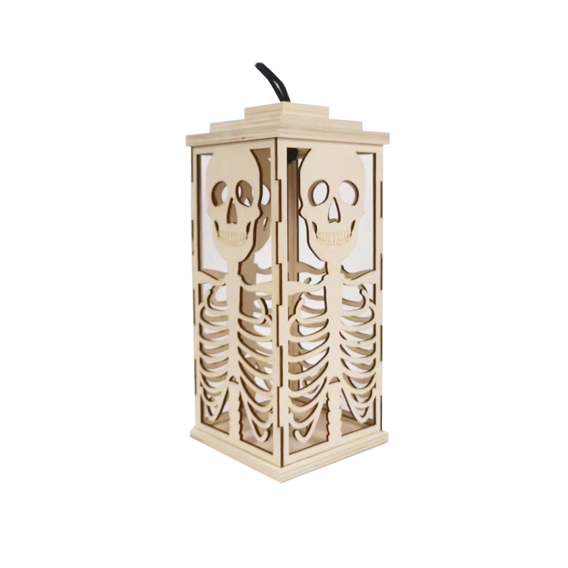 slide 3 of 4, 10" Diy Led Skull Wood Lantern Decor By Make Market, 4.25 in x 4.25 in x 10 in