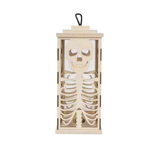 slide 1 of 4, 10" Diy Led Skull Wood Lantern Decor By Make Market, 4.25 in x 4.25 in x 10 in