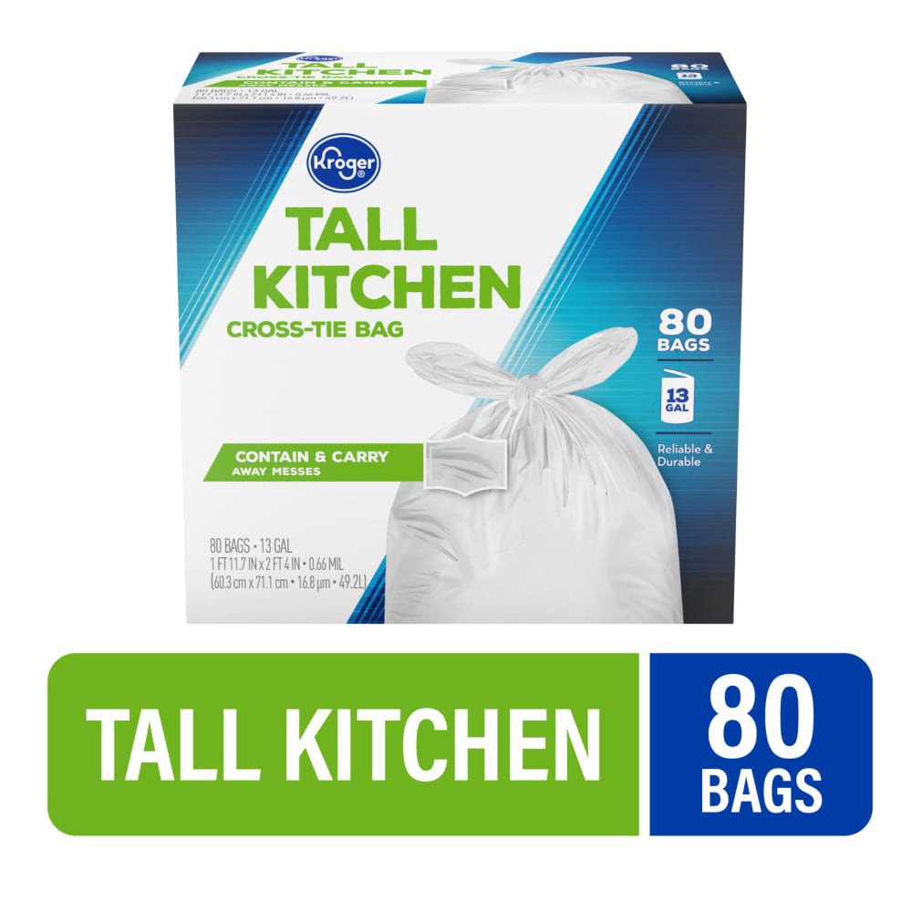 slide 1 of 6, Kroger Tall 13 Gallon Kitchen Cross Tie Bags, 80 ct