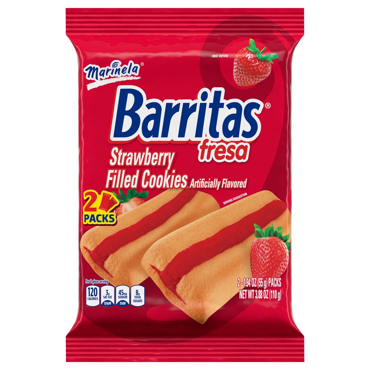 slide 1 of 8, Marinela Barritas Fresa Strawberry Filled Cookie 3.88 Oz, 2 ct