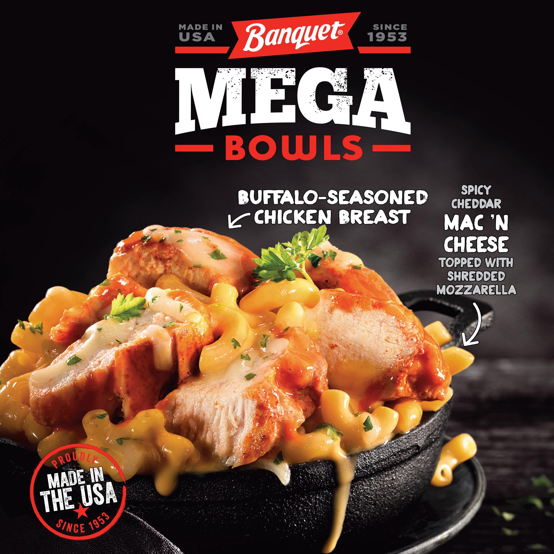 slide 3 of 5, Banquet Mega Bowls Frozen Buffalo Style Chicken Mac 'N Cheese - 14oz, 14 oz