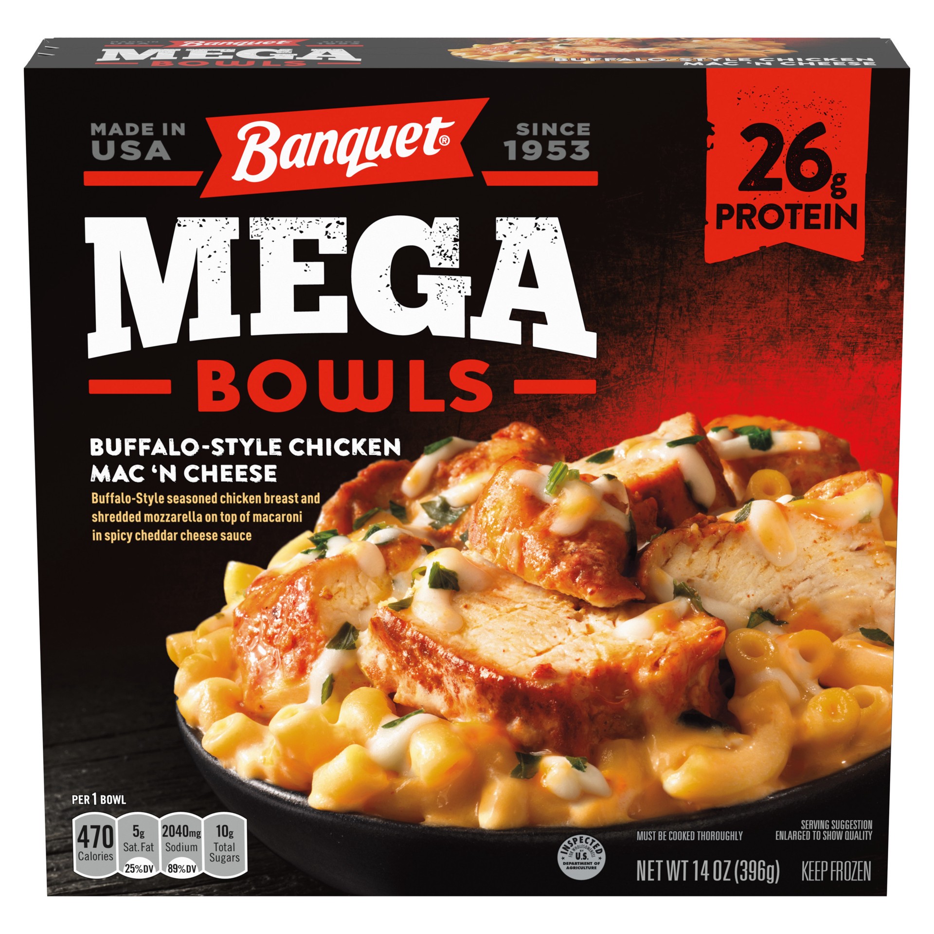 slide 1 of 5, Banquet Mega Bowls Frozen Buffalo Style Chicken Mac 'N Cheese - 14oz, 14 oz