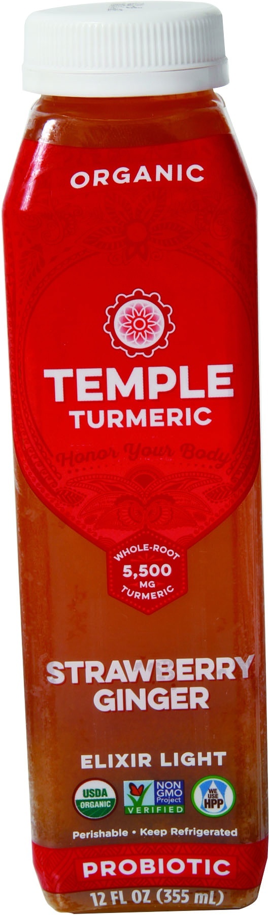 slide 1 of 1, Temple Turmeric Organic Strawberry Ginger Probiotic, 12 fl oz