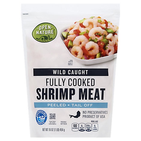 slide 1 of 1, Open Nature Shrimp Meat Fully Cooked Wild Caught Peeled Tail Off, 16 oz