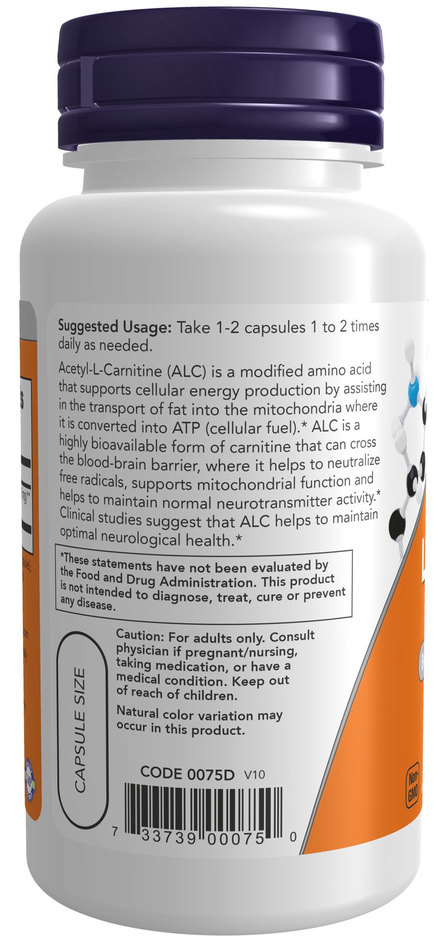 slide 4 of 4, NOW Supplements Acetyl-L-Carnitine 500 mg - 50 Veg Capsules, 50 ct