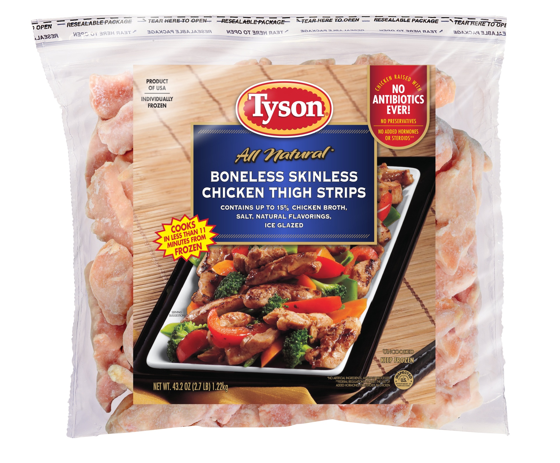 slide 1 of 2, Tyson All Natural Boneless Skinless Chicken Thigh Strips, 43.2 oz