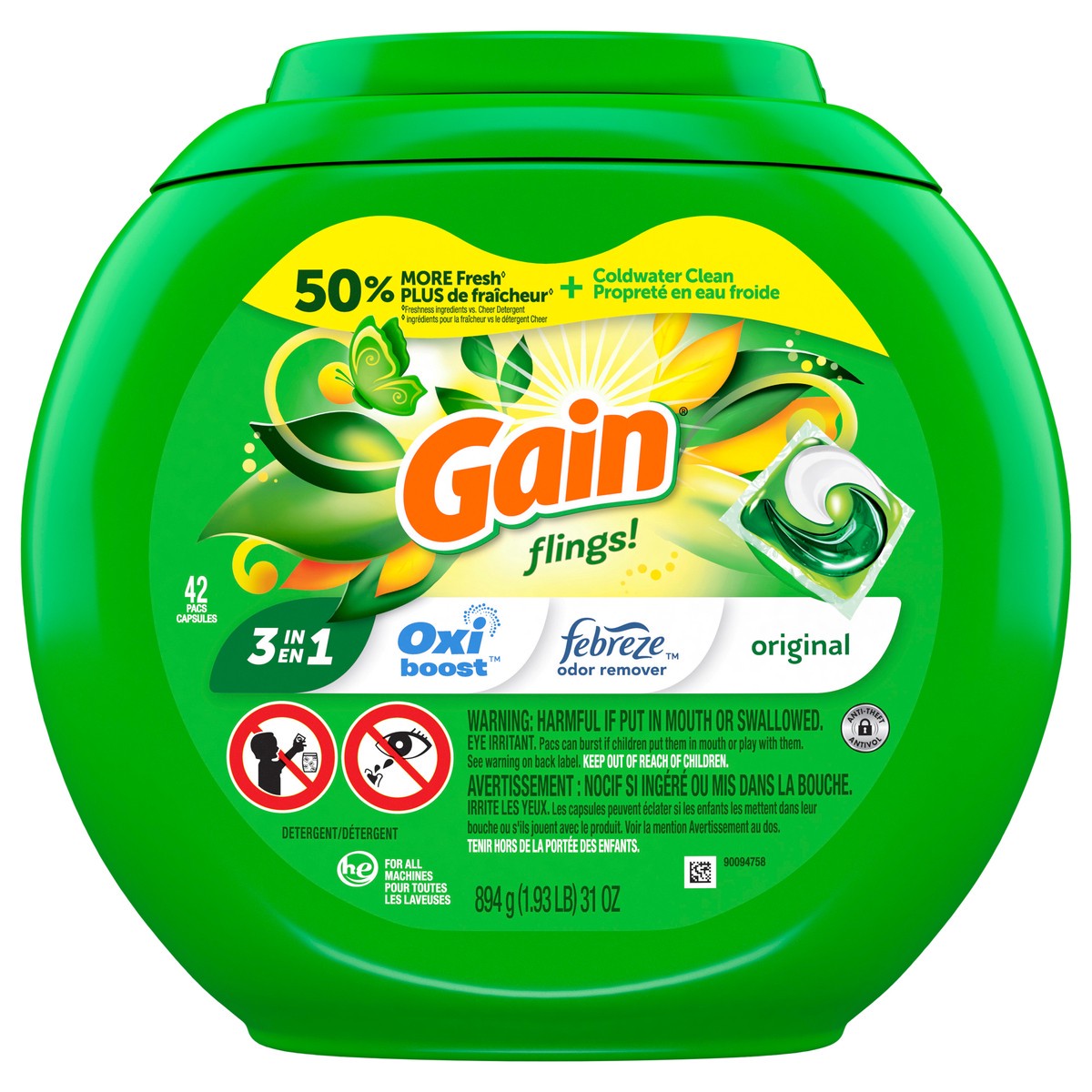 slide 1 of 2, Gain flings Laundry Detergent Soap Pacs, HE Compatible, 42 Count, Long Lasting Scent, Original Scent, 42 ct
