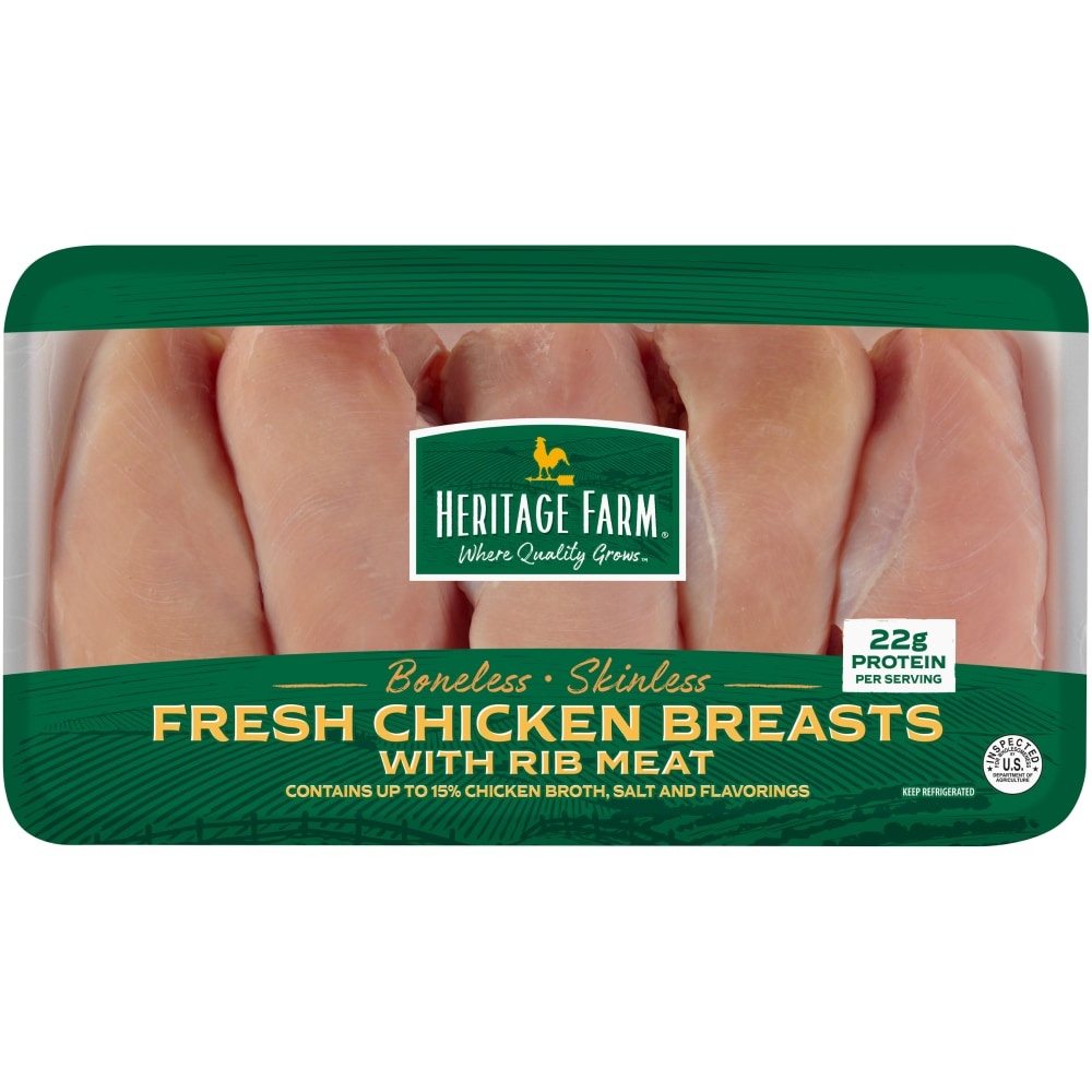 slide 1 of 1, Heritage Farms Boneless Skinless Chicken Breasts With Rib Meat (5-6 per Pack), per lb