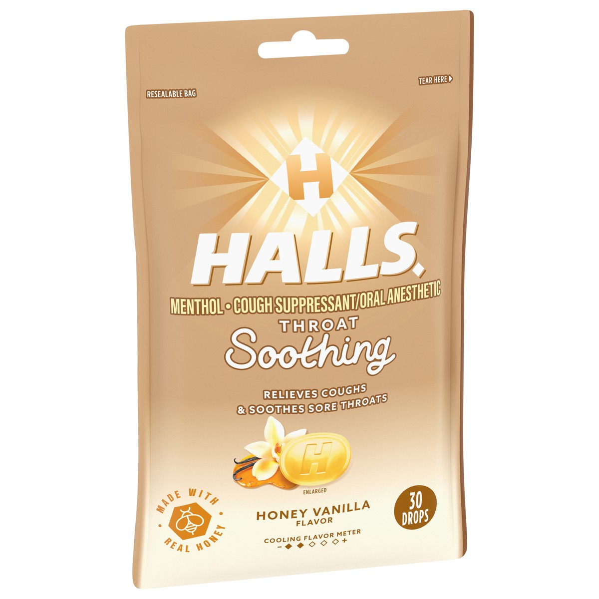 slide 5 of 9, HALLS Throat Soothing Honey Vanilla Cough Drops, 30 Drops, 30 ct