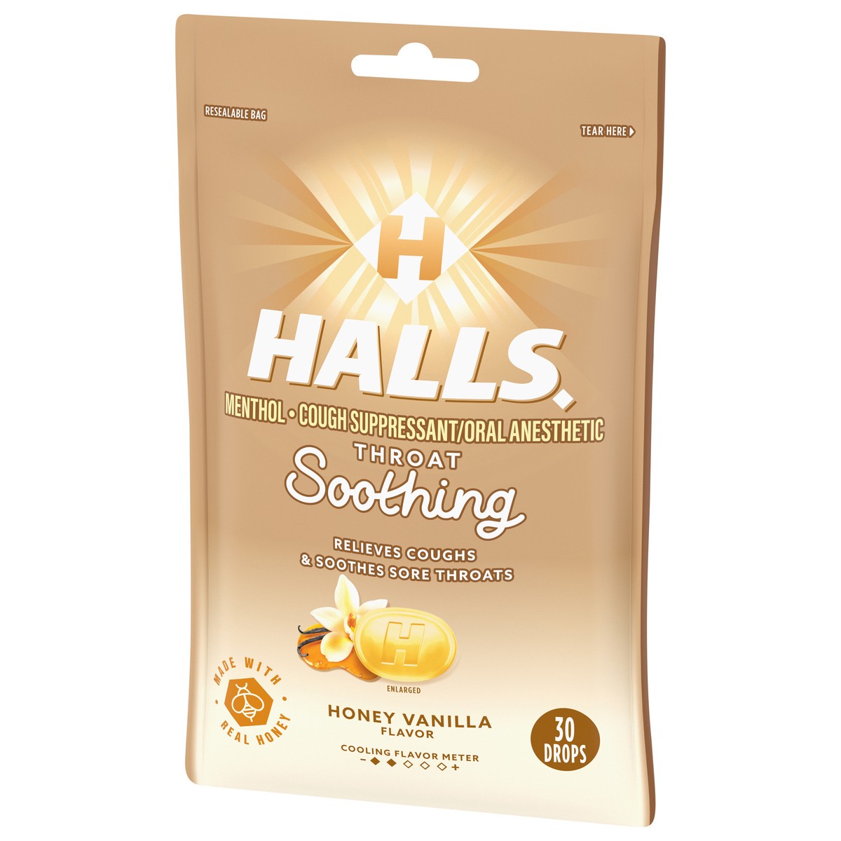 slide 3 of 9, HALLS Throat Soothing Honey Vanilla Cough Drops, 30 Drops, 30 ct