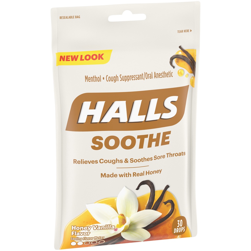 slide 3 of 6, Halls Honey Vanilla Cough Suppressant/Oral Anesthetic Menthol Drops, 30 ct