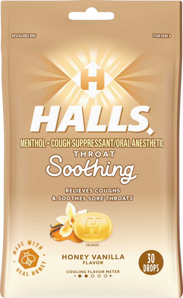 slide 3 of 9, HALLS Throat Soothing Honey Vanilla Cough Drops, 30 Drops, 30 ct
