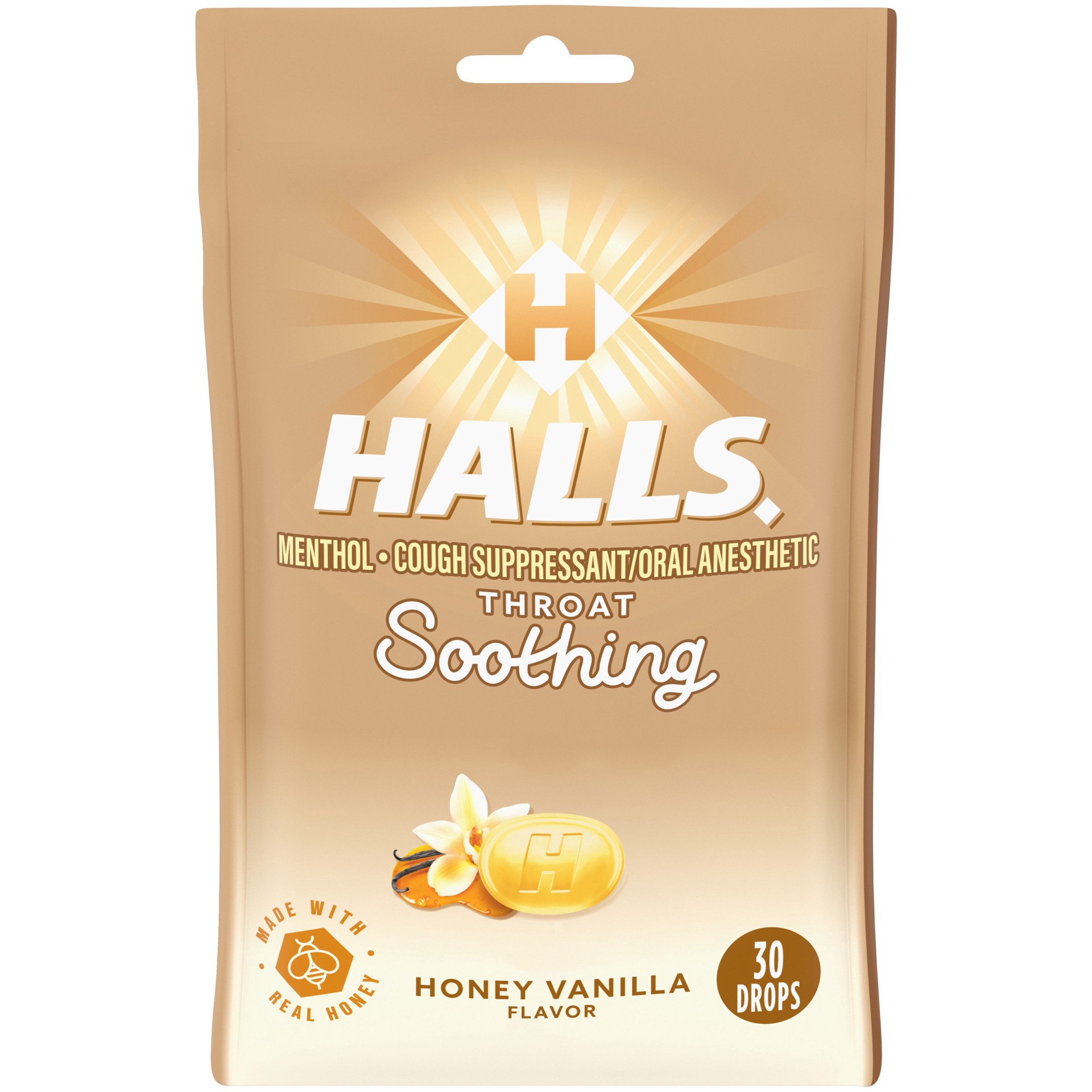 slide 1 of 9, HALLS Throat Soothing Honey Vanilla Cough Drops, 30 Drops, 30 ct