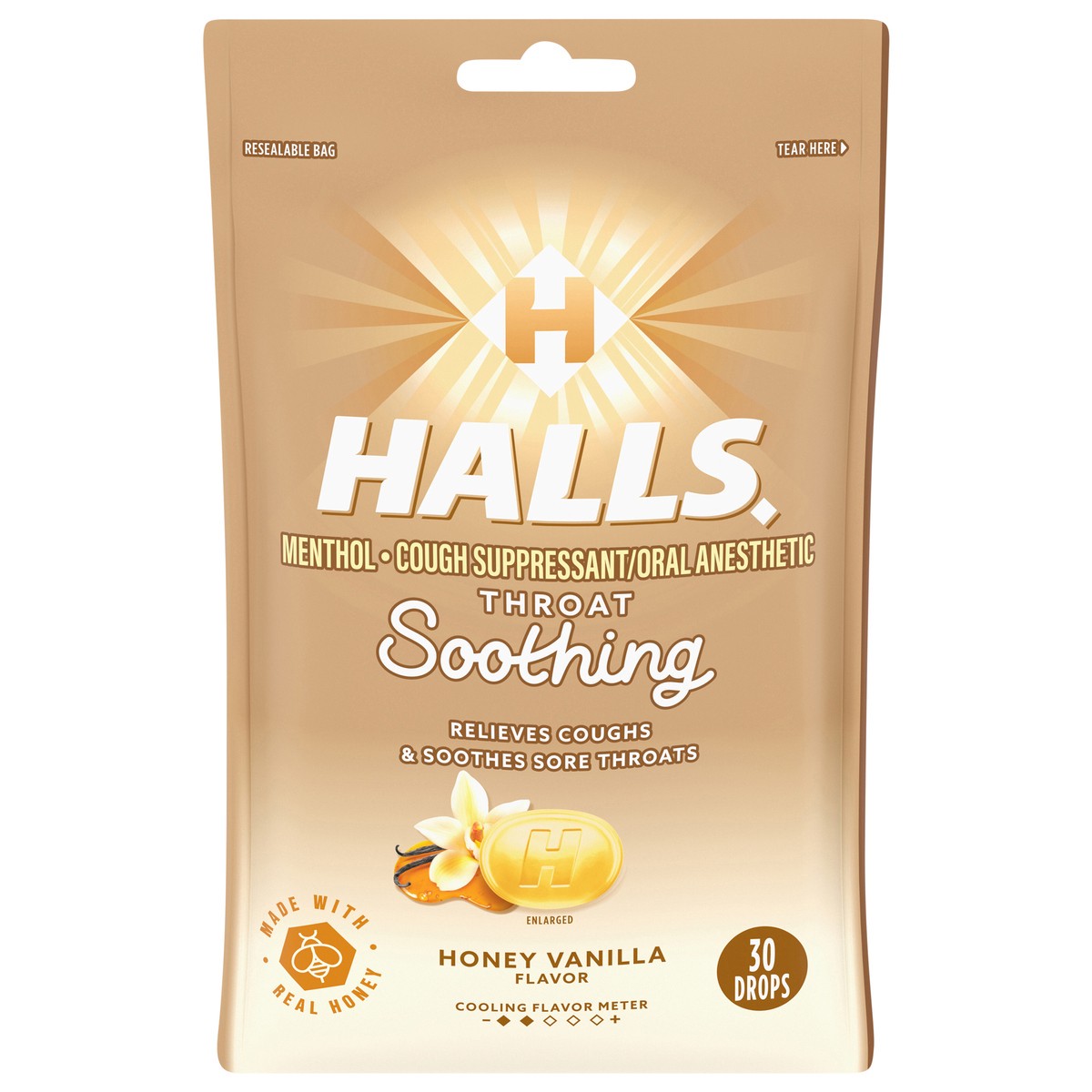 slide 1 of 9, HALLS Throat Soothing Honey Vanilla Cough Drops, 30 Drops, 30 ct