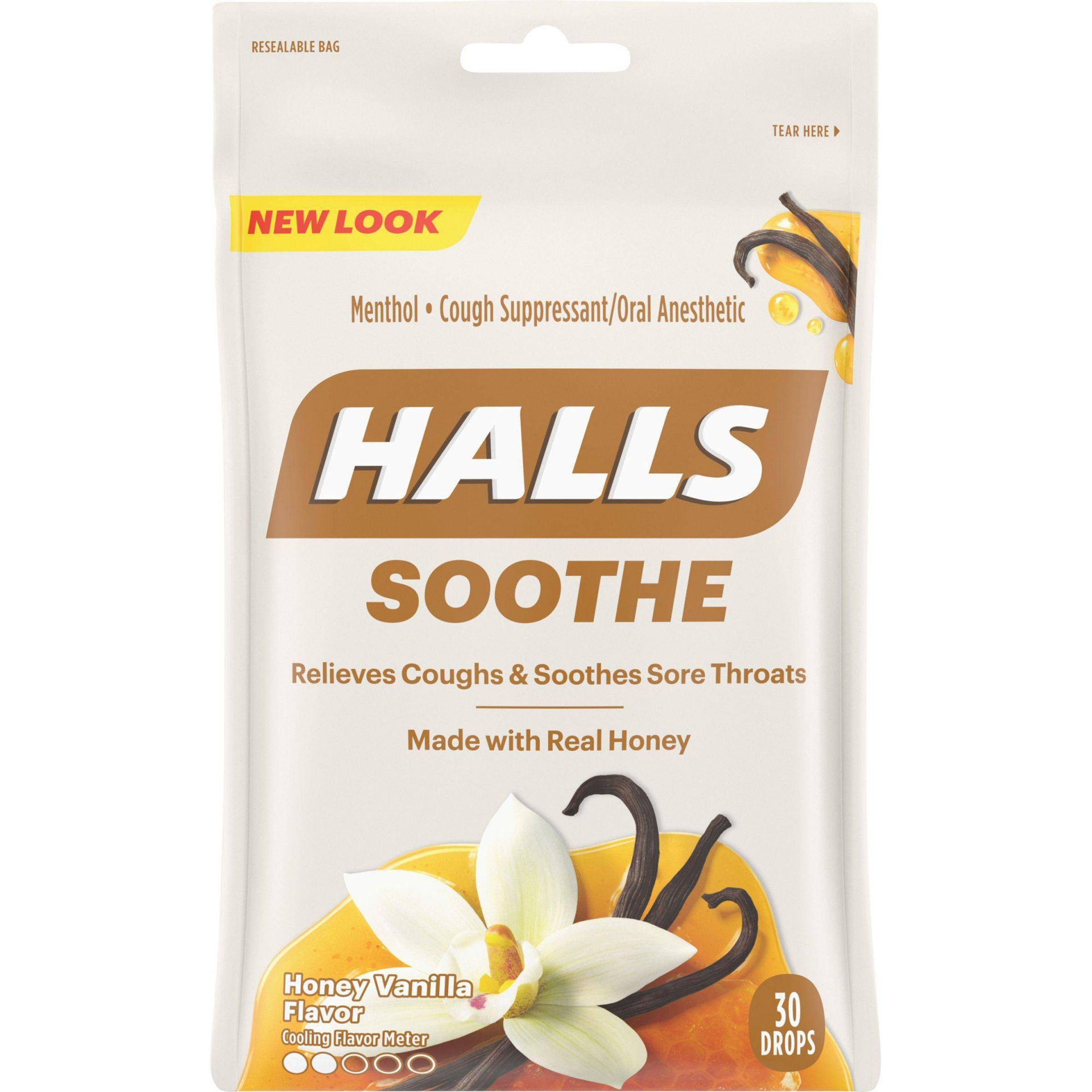 slide 1 of 6, Halls Honey Vanilla Cough Suppressant/Oral Anesthetic Menthol Drops, 30 ct