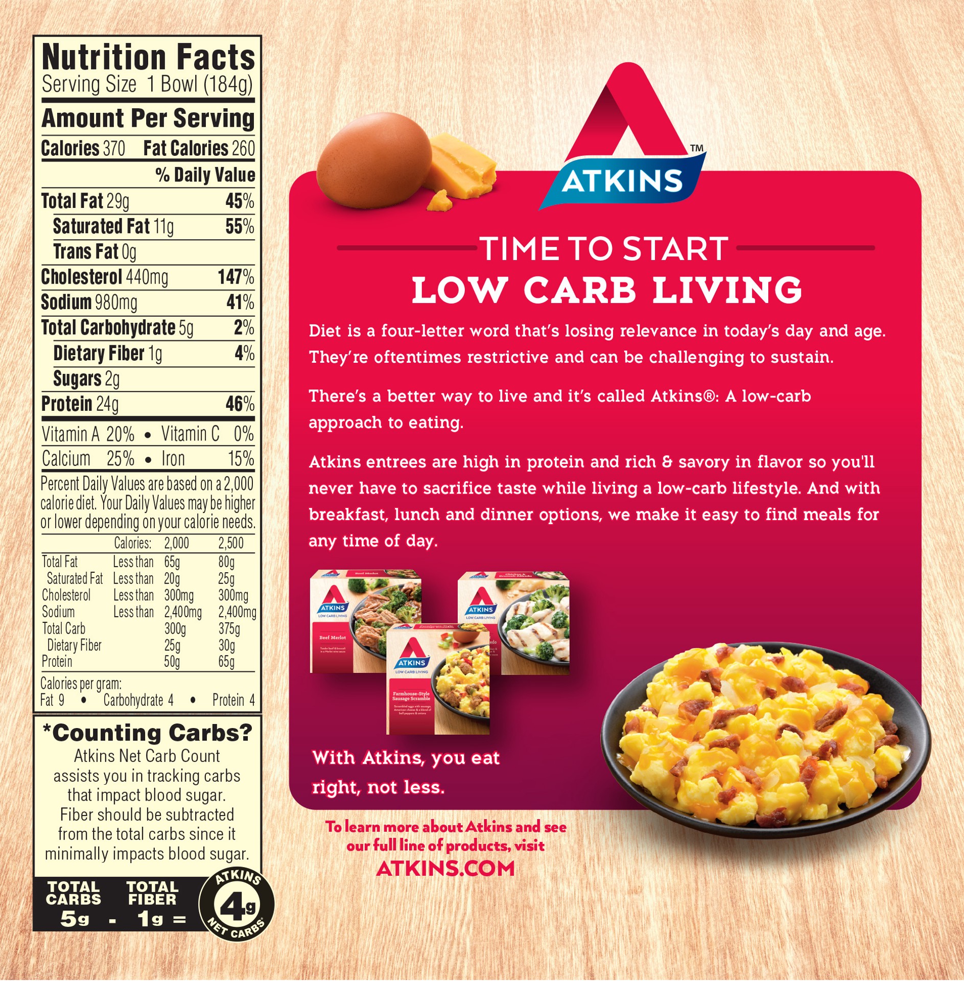 slide 5 of 5, Atkins Bacon Scramble 6.5 Oz. (Frozen), 6.5 oz