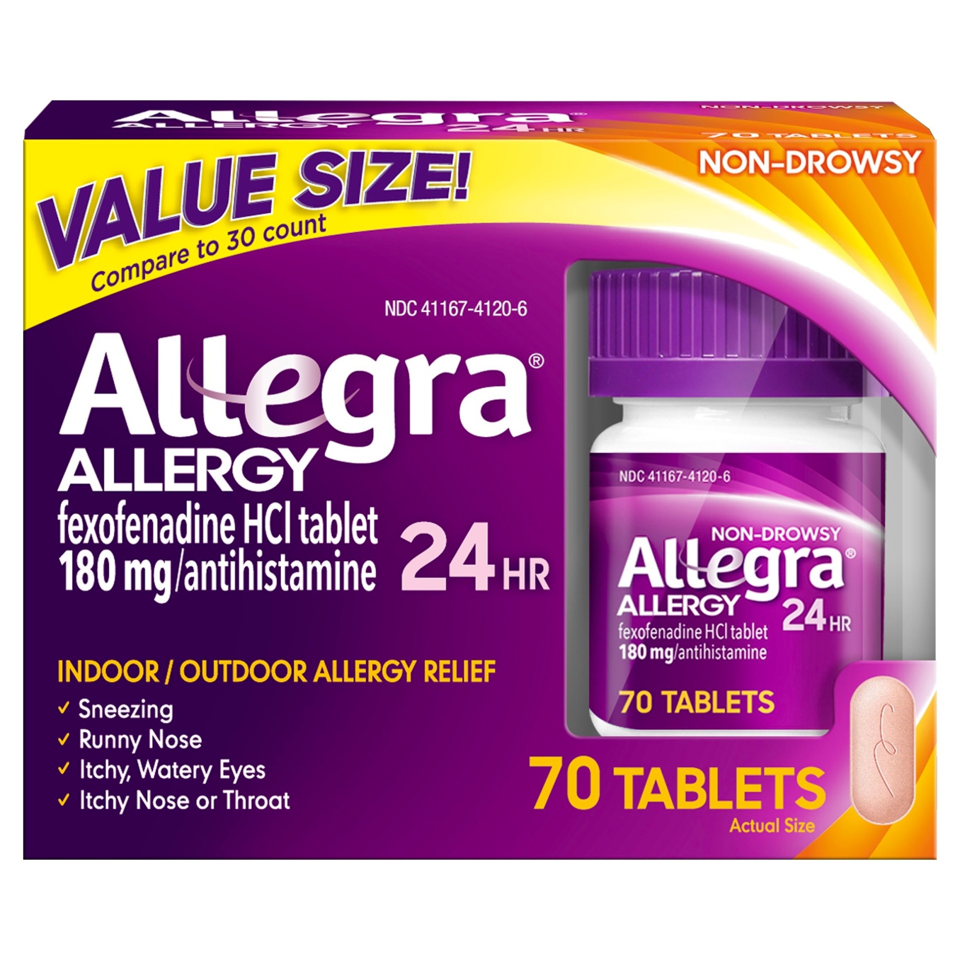 slide 1 of 4, Allegra 24 Hour Non-Drowsy Indoor/Outdoor Allergy Relief Tablets, 70 ct