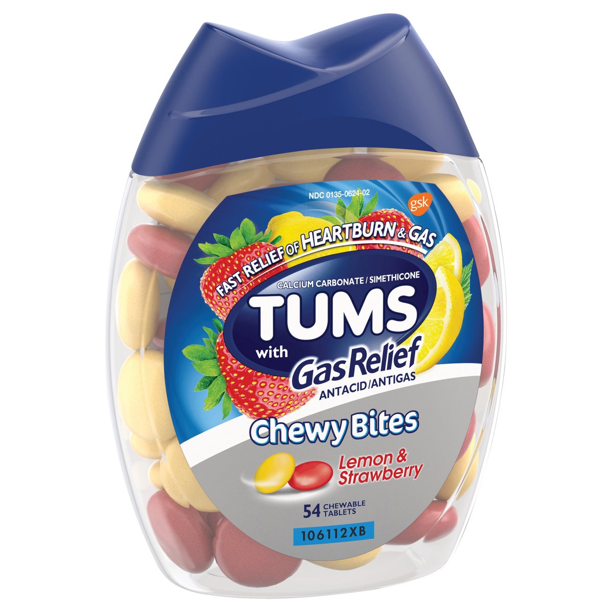 slide 5 of 5, TUMS Chewy Bites Chewable Antacid Tablets with Gas Relief, Lemon & Strawberry - 54 Count, 54 ct