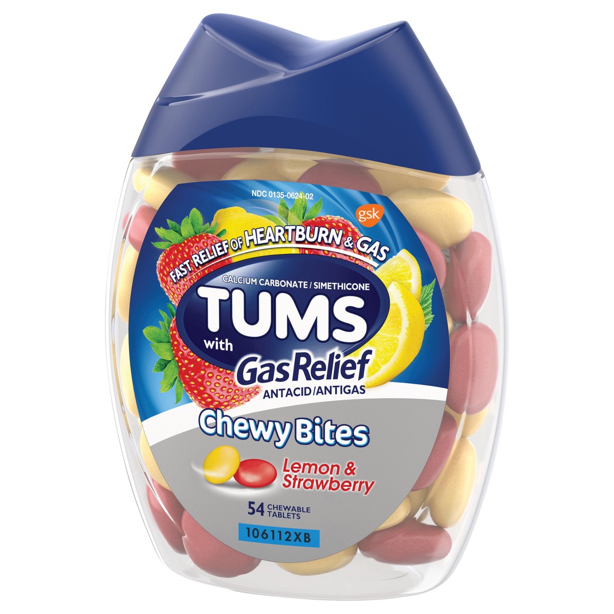 slide 2 of 5, TUMS Chewy Bites Chewable Antacid Tablets with Gas Relief, Lemon & Strawberry - 54 Count, 54 ct