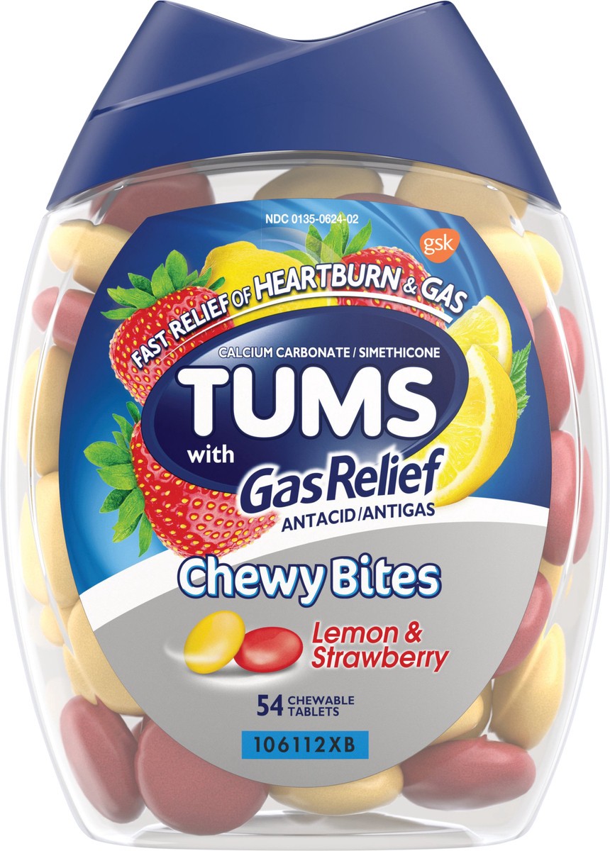 slide 4 of 5, TUMS Chewy Bites Chewable Antacid Tablets with Gas Relief, Lemon & Strawberry - 54 Count, 54 ct