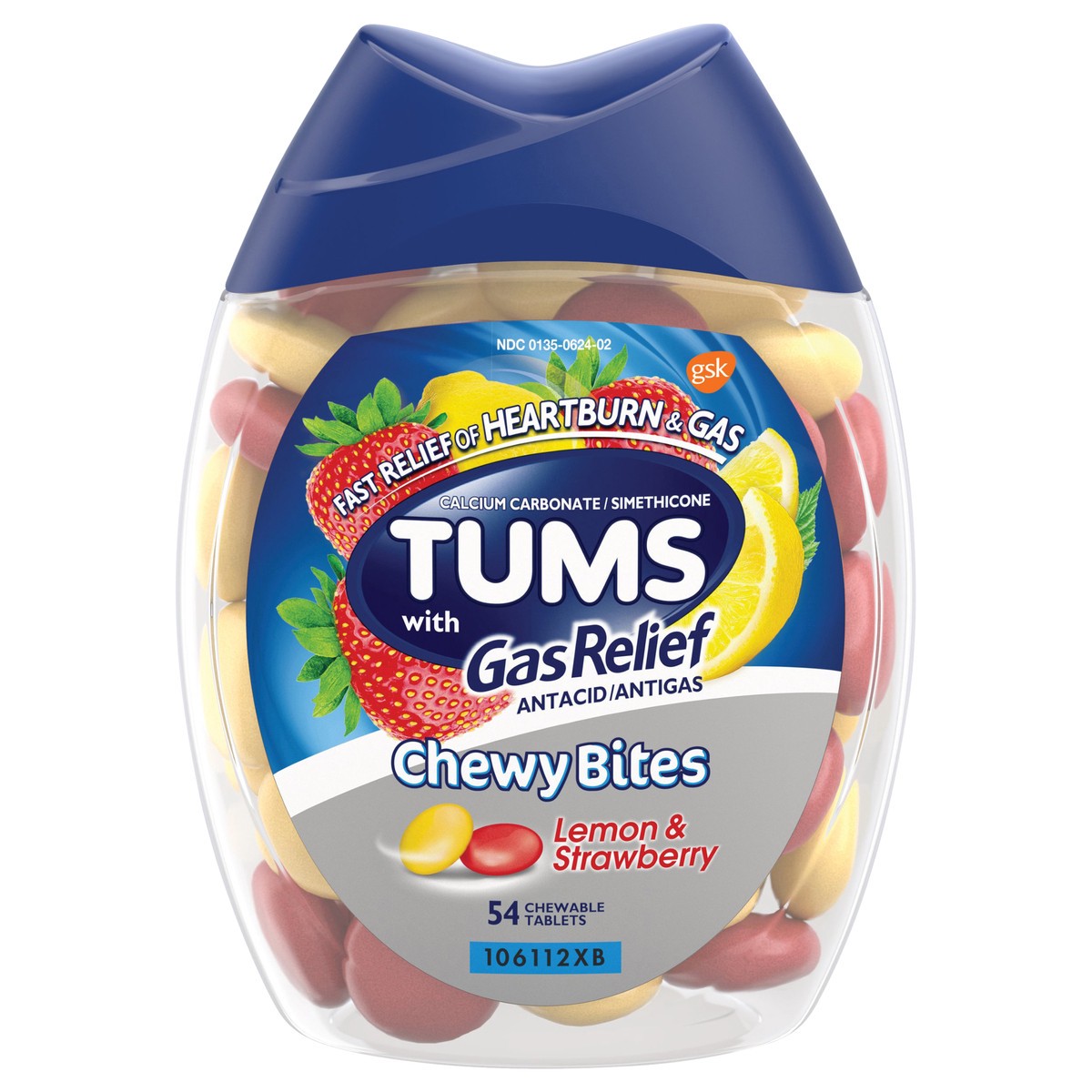 slide 1 of 5, TUMS Chewy Bites Chewable Antacid Tablets with Gas Relief, Lemon & Strawberry - 54 Count, 54 ct