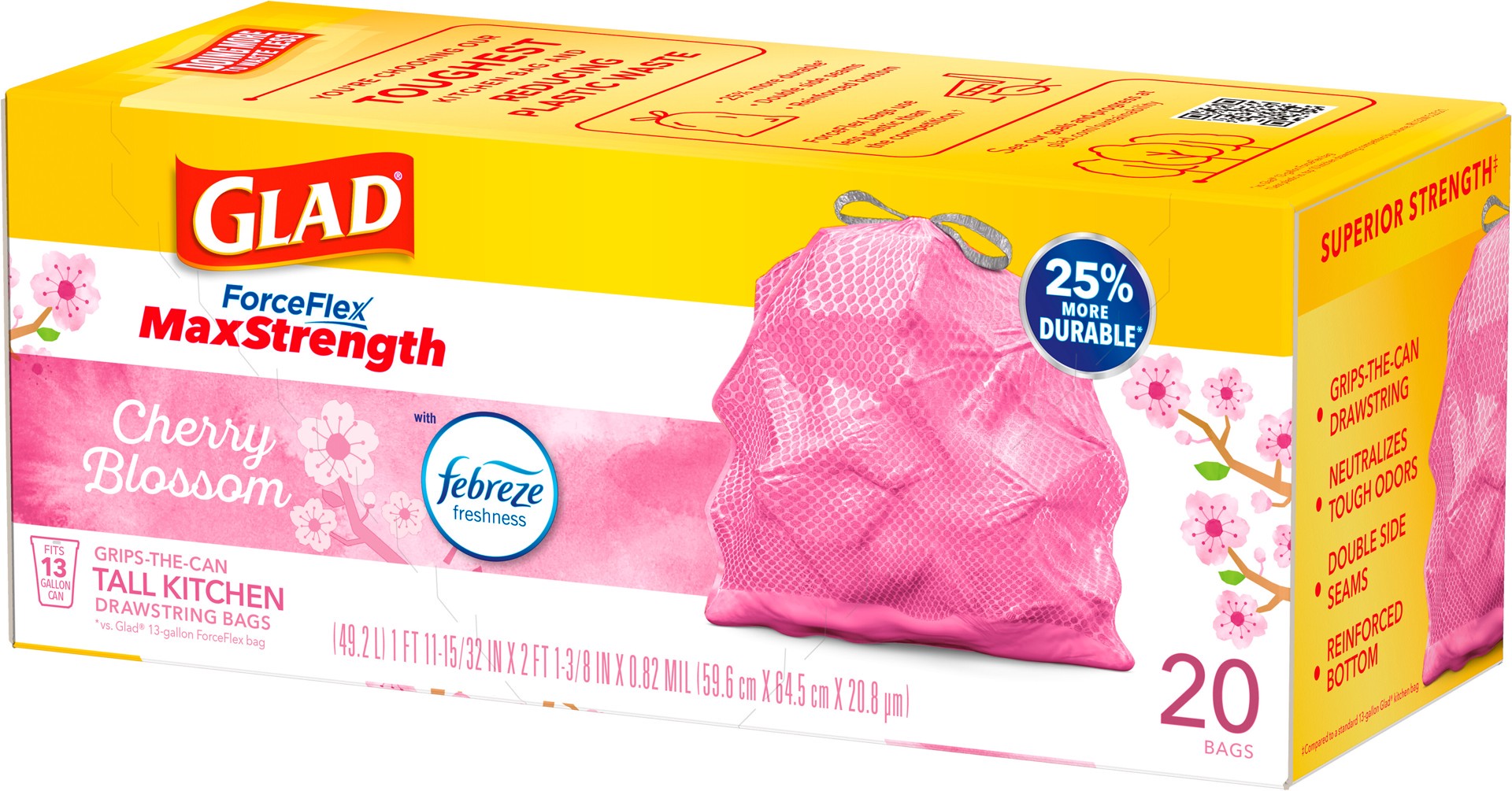 slide 2 of 5, Glad ForceFlex MaxStrength Tall Kitchen Drawstring Trash BagsCherry Blossom, 20 ct