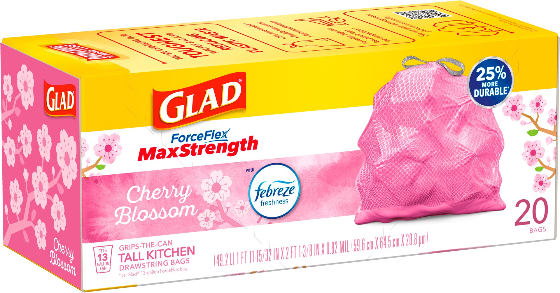 slide 5 of 5, Glad ForceFlex MaxStrength Tall Kitchen Drawstring Trash BagsCherry Blossom, 20 ct