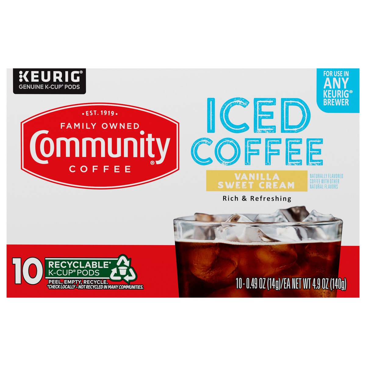 slide 1 of 10, Community Coffee Vanilla Sweet Cream Iced Coffee Keurig K-Cup 10 ct Box, 10 ct