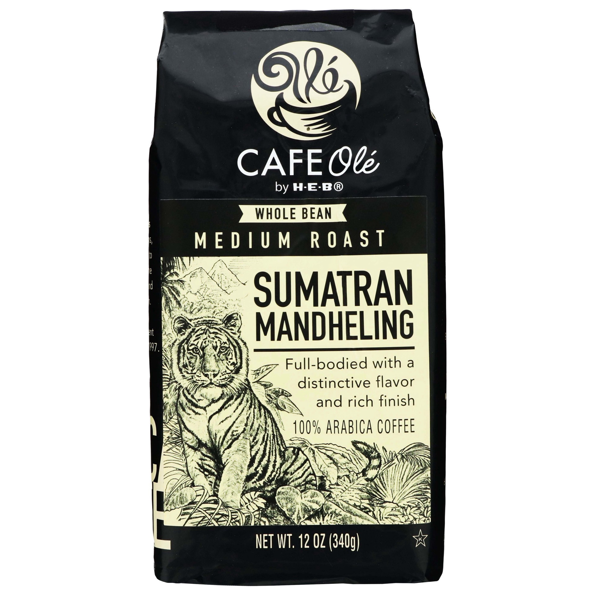 slide 1 of 1, H-E-B Cafe Ole Whole Bean Sumatra Mandheling Medium Roast Coffee - 12 oz, 12 oz