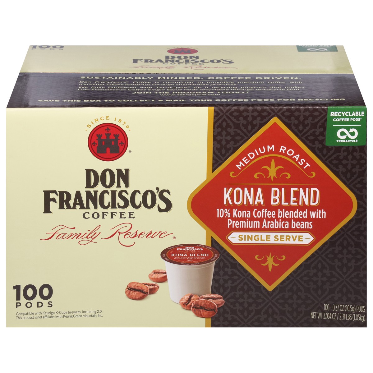 slide 1 of 6, Don Francisco's Kona Blend Medium Roast Coffee Pods- Recyclable Single-Serve Coffee Pods - 100 ct, 100 ct