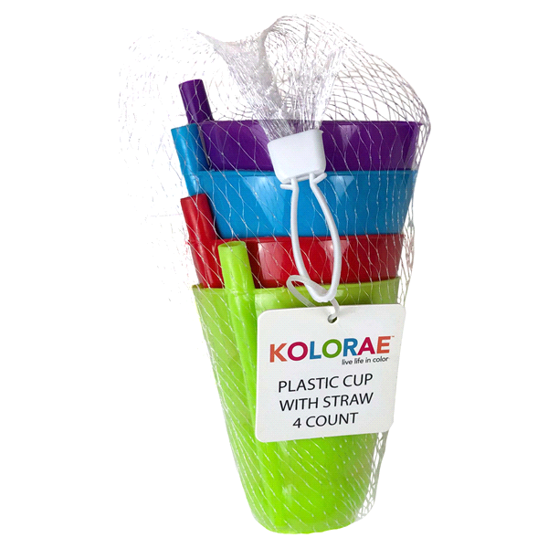 slide 1 of 1, Kolorae Plastic Cup With Straw, Assorted Colors, 4 ct