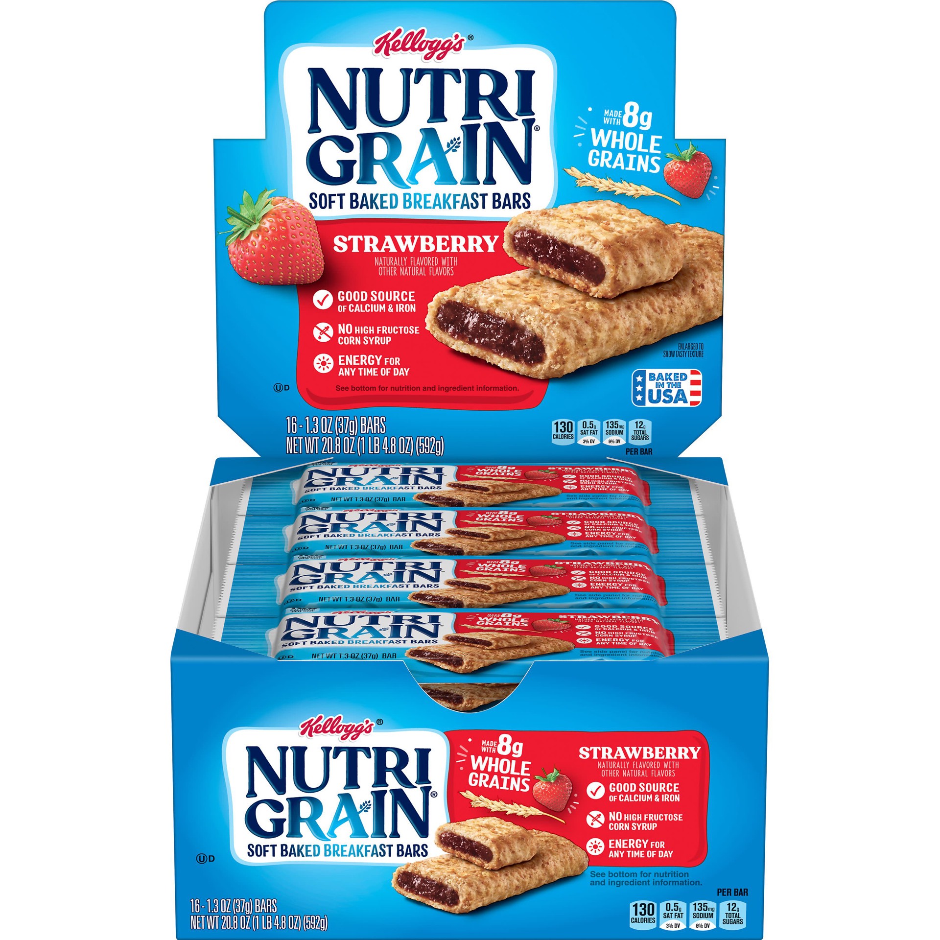 slide 1 of 5, Nutri-Grain Soft Baked Breakfast Bars, Made with Whole Grains, Kids Snacks, Strawberry, 20.8oz Tray, 16 Bars, 20.8 oz