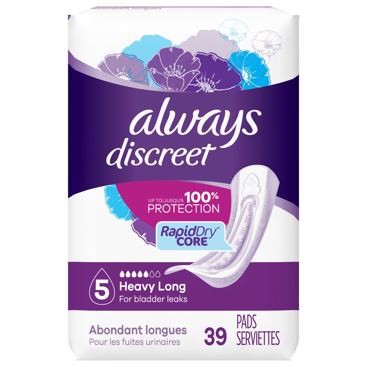 slide 2 of 6, Always Discreet Adult Incontinence Pads for Women, Heavy Absorbency, Long Length, Postpartum Pads, 39 CT, 39 ct
