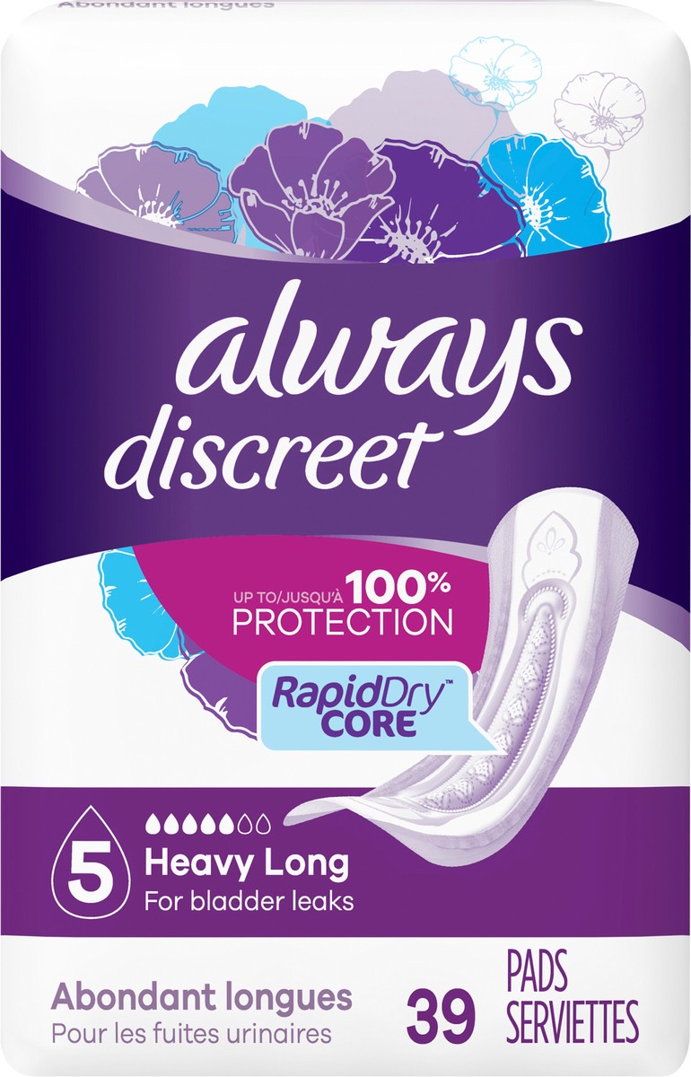slide 3 of 6, Always Discreet Adult Incontinence Pads for Women, Heavy Absorbency, Long Length, Postpartum Pads, 39 CT, 39 ct
