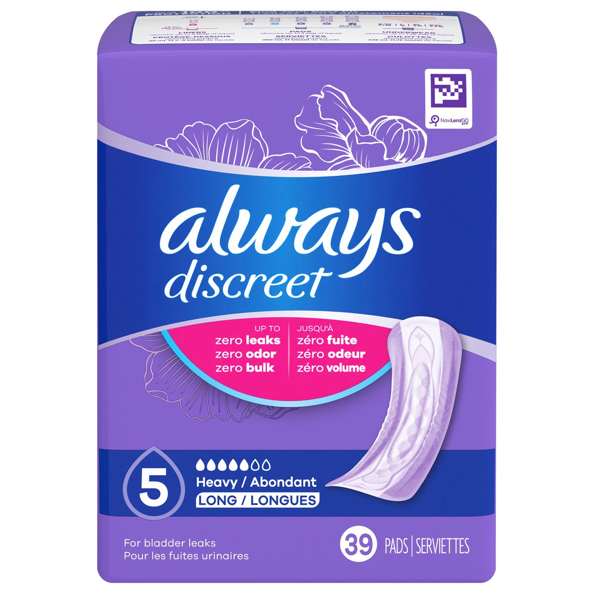 slide 1 of 6, Always Discreet Adult Incontinence Pads for Women, Heavy Absorbency, Long Length, Postpartum Pads, 39 CT, 39 ct