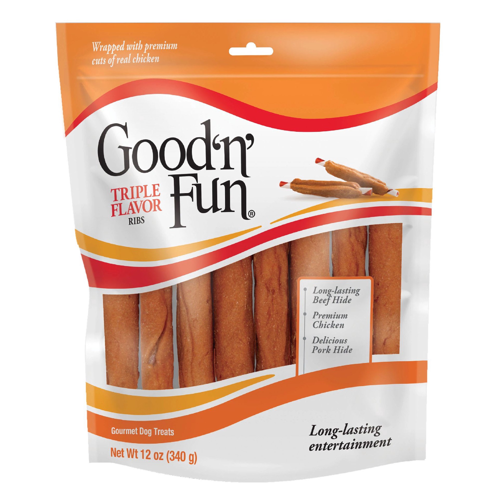 slide 1 of 1, GOOD N' FUN Triple Flavor Ribs Rawhide Chews for All Dogs, 12 oz., 12 oz