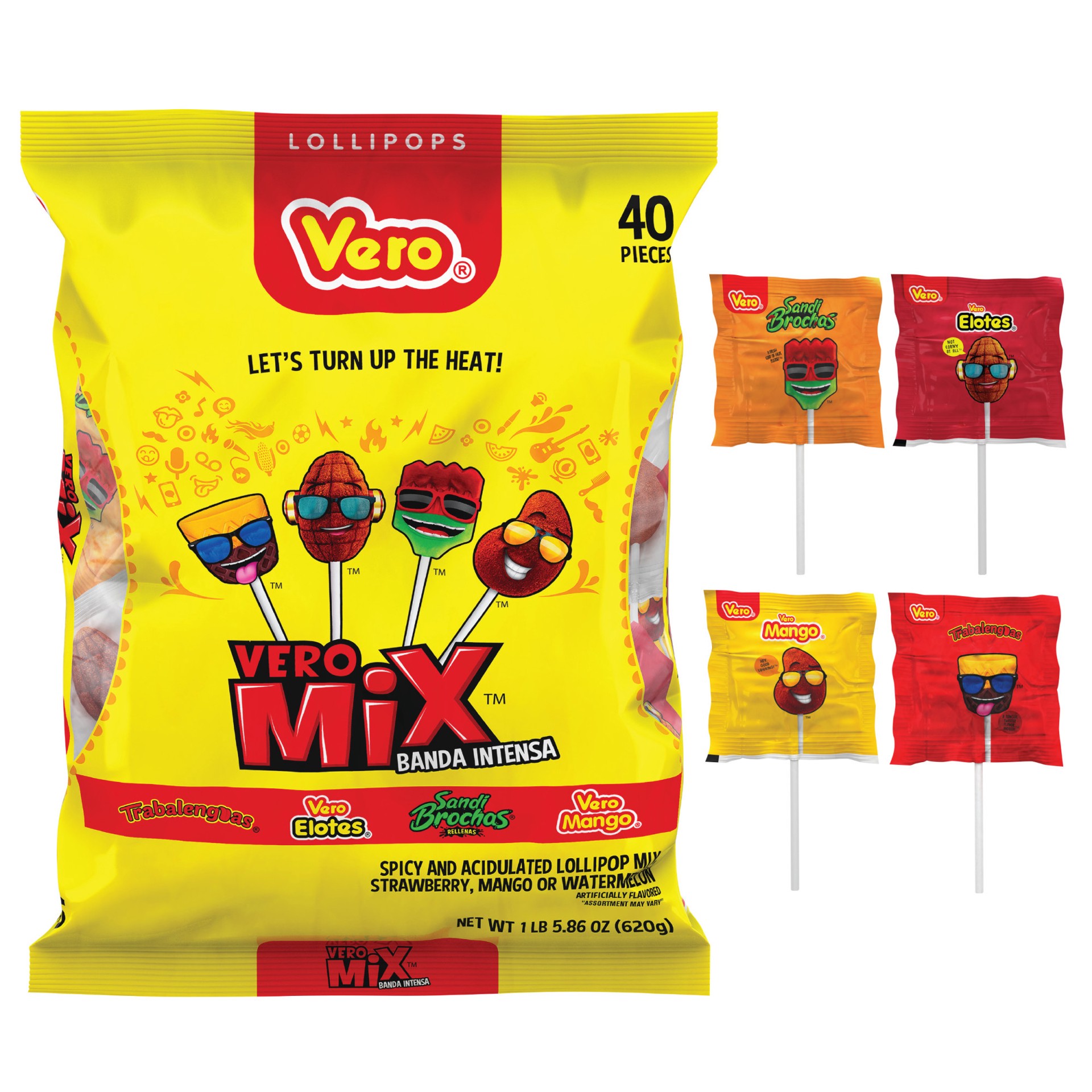 slide 1 of 5, Vero Mix Banda Intensa Mix Chili Lollipop, 21.86 oz