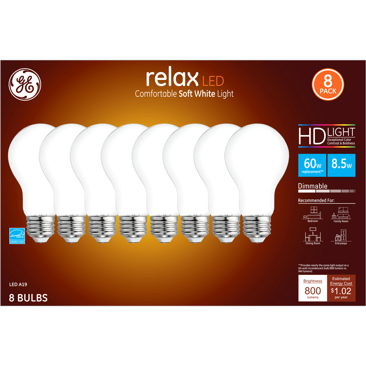 slide 1 of 5, GE RELAX LED HD 60W A19 AG DIM, 8 ct