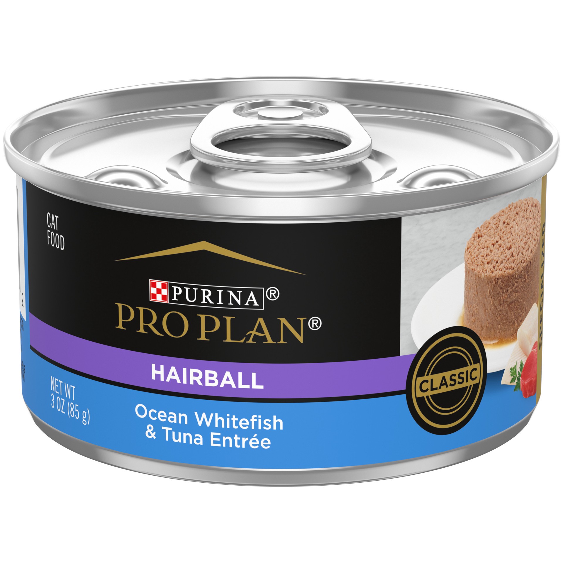 slide 1 of 7, Purina Pro Plan Hairball Control Cat Food Wet Pate, Hairball Ocean Whitefish and Tuna Entree, 3 oz