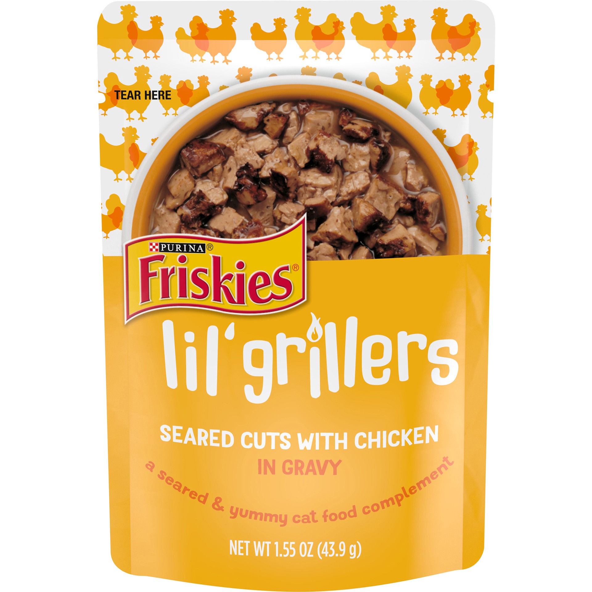 slide 1 of 8, Friskies Purina Friskies Gravy Wet Cat Food Lickable Cat Treats, Lil' Grillers Seared Cuts With Chicken, 1.55 oz