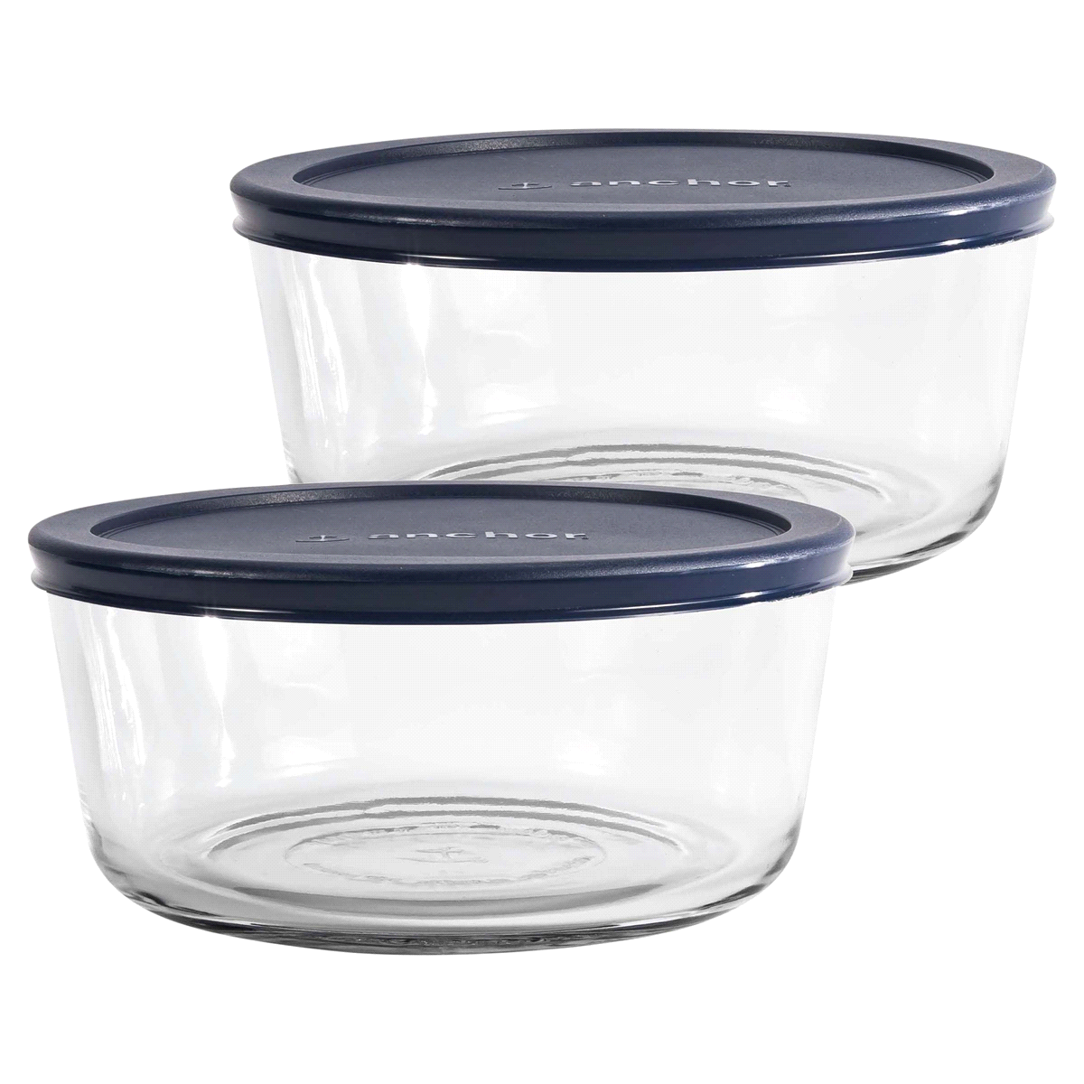 slide 1 of 1, Anchor Hocking Classic Round Glass Food Storage with Navy Lid, 7 Cups, Set of 2, 1 ct