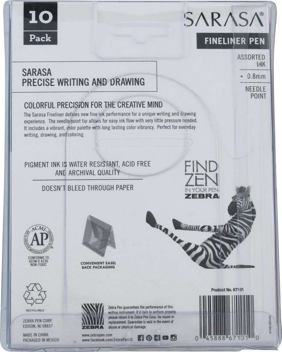 slide 3 of 11, Zebra Sarasa 10 Assorted Ink Pack Fineliner Pens 10 ea, 10 ct