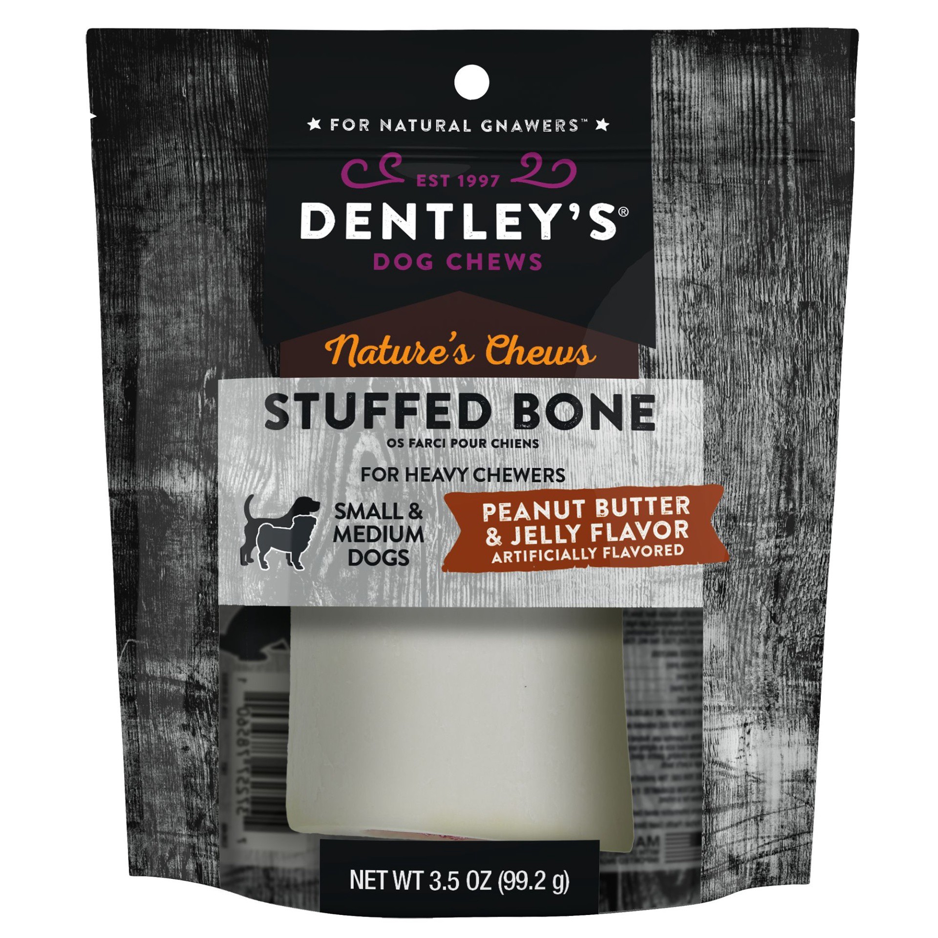 slide 1 of 1, Dentley's Small Filled Femur Bone Dog Chew - Peanut Butter & Jelly, SM
