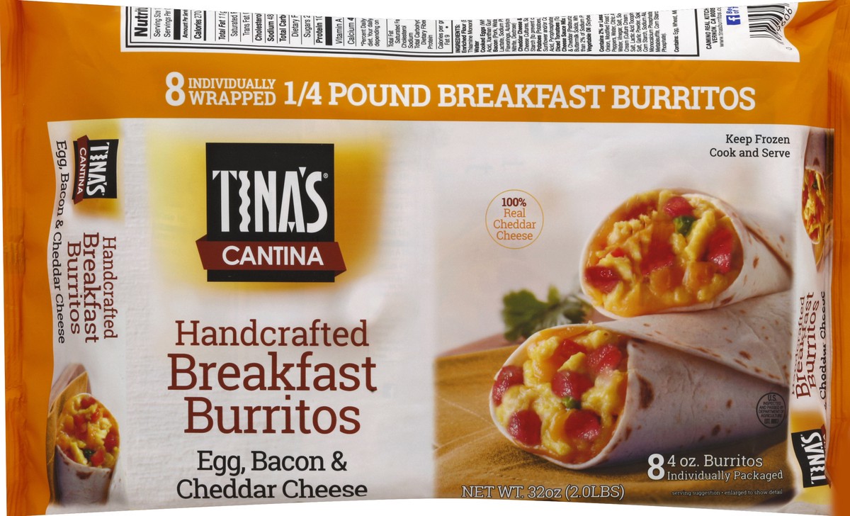 slide 1 of 5, Tina's Cantina Handcrafed Bacon Egg & Cheddar Cheese Breakfast Burrito, 8 ct; 40 oz