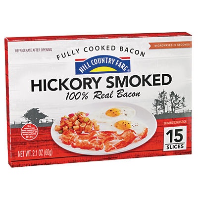 slide 1 of 1, Hill Country Fare Fully Cooked Hickory Smoked Bacon, 2.1 oz